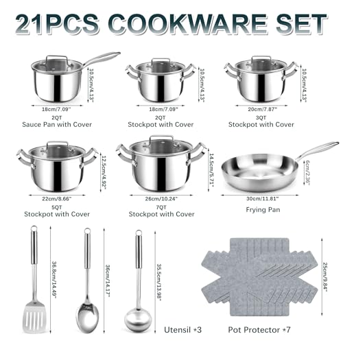 Fruikit Stainless Steel Cookware Set - 21 PCS Kitchen Cookware Sets with 3-Ply Frying Pan, Even Heating, Cool Handle, Chef Quality Cooking Set, Pots and Pans Set Induction Ready, Dishwasher Safe
