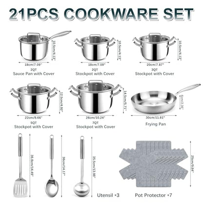 Fruikit Stainless Steel Cookware Set - 21 PCS Kitchen Cookware Sets with 3-Ply Frying Pan, Even Heating, Cool Handle, Chef Quality Cooking Set, Pots and Pans Set Induction Ready, Dishwasher Safe