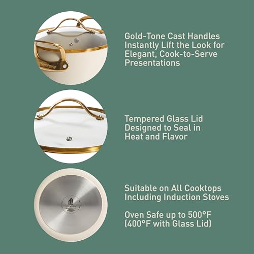 Bloomhouse - Two Time Oprah's Favorite Things Winner - 8 Quart Heavy Duty Aluminum Premium PFA Free Ceramic Nonstick Dutch Oven Pot with Lid - Almond Cream w/Gold Handle