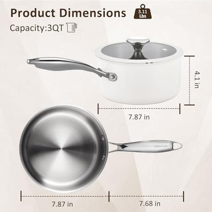 SAKAMOSH 3 Quart Tri-ply Stainless Steel Saucepan with Glass Lid, Induction Sauce Pan Compatible with All Cooktops, Non-Toxic Sauce Pot with Stay Cool Handle, Oven & Dishwasher Safe