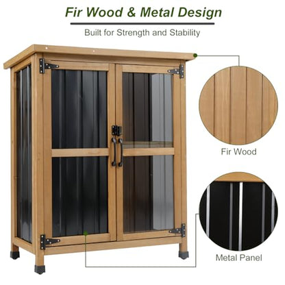 Ketive Outdoor Storage Cabinet, Wood & Metal Small Garden Tool Storage Cabinet with Weather-Resistant Asphalt Roof, Double Lockable Doors & Removable Shelves for Porch, Patio, Garden, Backyard