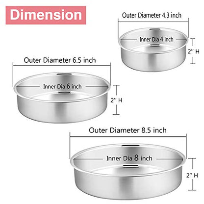 P&P CHEF Cake Pan Set of 3, 4" + 6" + 8" Round Baking Layer Tier Cake Pans Tins, Stainless Steel Bakeware for Birthday Weeding, Heavy Duty & Non Toxic, Mirror Finish & Dishwasher Safe