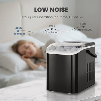 DUMOS Countertop Ice Maker with Handle, 26lbs/24H Portable Ice Machine, 9 Bullet Cubes Ready in 6 Mins, Self-Cleaning, Quiet Compact for Home, Kitchen, RV, Camping, Modern Black