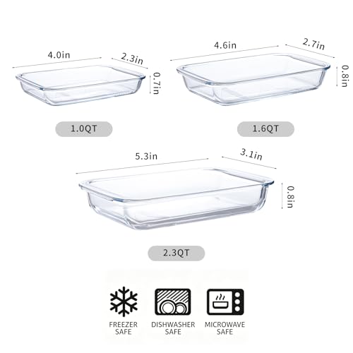 High Borosilicate Glass Baking Tray 3-Piece Set, 2.3 Quarts+1.6 Quarts+1.0 Quarts Rectangular Glass Baking Dish Container for Microwave and Oven, Suitable for Cooking, Baking Bread, Cakes and Meals