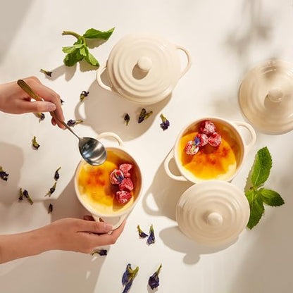 Kook Ceramic Mini Cocotte Set, Small Casserole Dishes with Lids and Handles, Individual Baking Ramekins, Oven, Microwave & Dishwasher Safe, Stoneware, 12 oz, Set of 4, Ivory