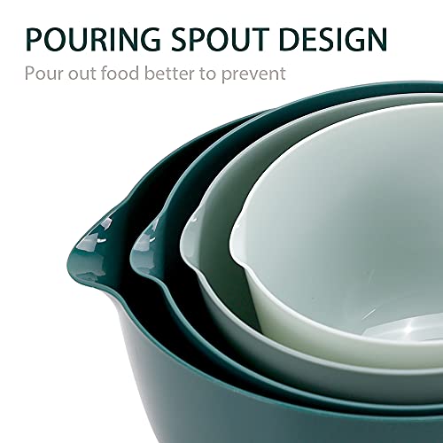 BoxedHome Green Ombre Nesting Plastic Mixing Bowl Set With Pour Spout, Microwave and Dishwasher Safe, BPA free Non-Slip Base, Set of 4 Size 1.7, 2.5, 3.5 and 4.5qt, Great for Prepping, Baking, Cooking