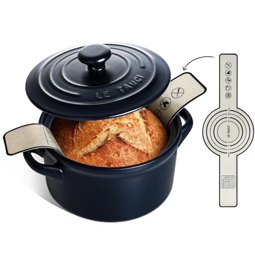 LE TAUCI 3 qt Ceramic Dutch Oven for Bread Baking with Silicone Sling- Lightweight, Non-Toxic, No Seasoning Needed- Oven, Microwave & Dishwasher Safe, Ideal for Home Bakers & Beginners, Midnight Blue