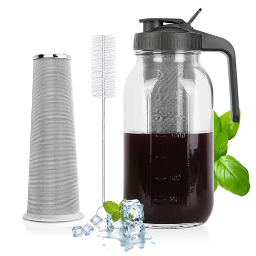 Cold Brew Coffee Maker - 64 Oz Heavy-Duty Glass Mason Jar Pitcher with Stainless Steel Filter, Leak-Proof Lid, Ergonomic Handle & Precision Pour Spout – Ideal for Iced Coffee, Tea, Cold Brew (Black)