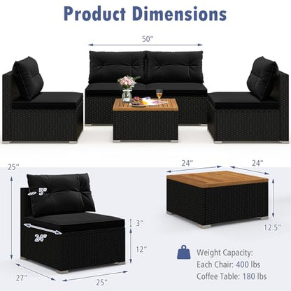 Tangkula 5 Pieces Wicker Patio Furniture Set, Outdoor 4 Armless Rattan Sofa & Coffee Table Set, with Cushions, Acacia Wood Tabletop, Sectional Patio Conversation Set for Lawn, Yard, Poolside, Black