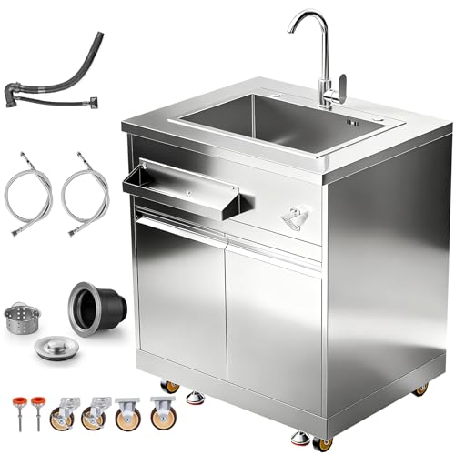 BODEGA Stainless Steel Single bowl kitchen sink Cabinet With hose hookup and Faucet, Outdoor Kitchen Sink with Storage, Brake Wheels & Spice Rack, All-Weather Sink, Use For RV, Yard,Garage,Restaurant.