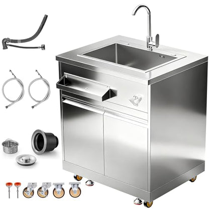 BODEGA Stainless Steel Single bowl kitchen sink Cabinet With hose hookup and Faucet, Outdoor Kitchen Sink with Storage, Brake Wheels & Spice Rack, All-Weather Sink, Use For RV, Yard,Garage,Restaurant.