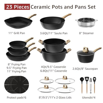 Bazova 23-Piece Pots and Pans Set Non Stick,Titanium Ceramic Cookware Set Non Toxic,Long-Lasting,PFAS Free,Induction Compatible,Complete Kitchen Set with 3 Frying Pans for All Cooking needs