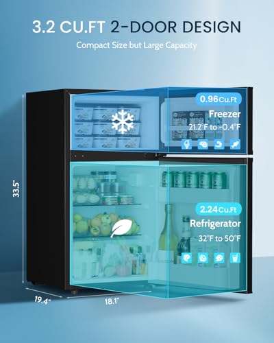 Feelfunn 3.2 Cu.Ft Mini Fridge with Freezer - 2 Door Small Refrigerator, Mini Refrigerator with Adjustable Thermostat, Removable Shelves, Mini Fridge for Bedroom, Office, Dorm, Apartment, Black