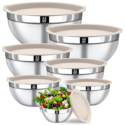 Boskermeal Mixing Bowls with Lids Set - 7PCS Nesting Mixing Bowls, Lids, Stainless Steel Mixing Bowls for Mixing, Baking & Meal Prep, Dishwasher Safe, Size 0.7/1.1/1.5/2.1/3.5/4/4.5 QT, Khaki