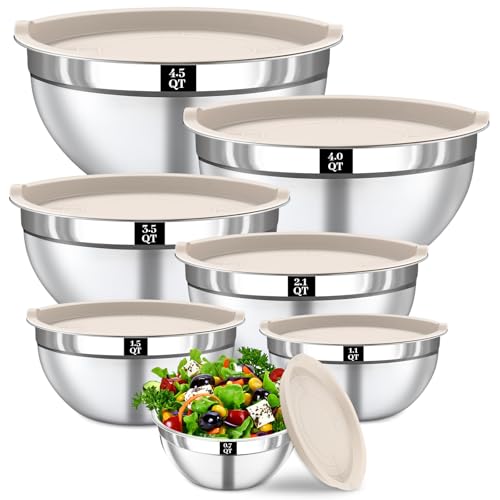 Boskermeal Mixing Bowls with Lids Set - 7PCS Nesting Mixing Bowls, Lids, Stainless Steel Mixing Bowls for Mixing, Baking & Meal Prep, Dishwasher Safe, Size 0.7/1.1/1.5/2.1/3.5/4/4.5 QT, Khaki