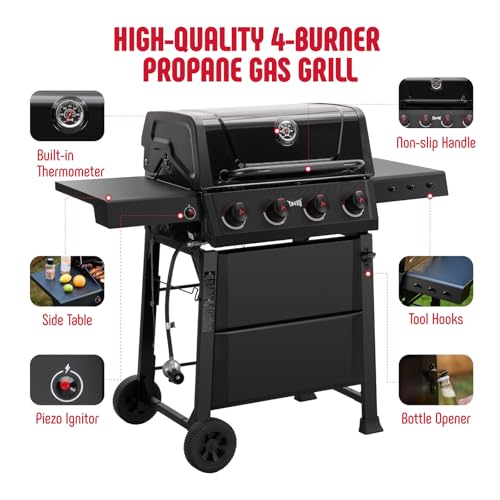 Feasto 4-Burner Gas BBQ Grill with Side Tables, 36,000 BTU Outdoor Propane Grill with Premium Enameled Coated Chamber Body & Porcelain-Enameled Stamped Grates for Deck Party & Patio BBQ, Black