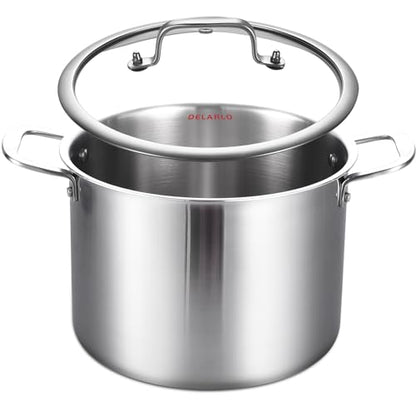 DELARLO Tri-ply Stainless Steel 20QT Stock Pot, Compatible with All Stoves Up to 600℉, 18/10 Induction Big Cooking Pot with Lid, Fast & Even Heating, Durable Large Soup Pot
