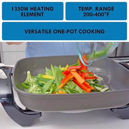Kenmore Electric Skillet - Nonstick Frying Pan With Removable Glass Lid, Grill, Saute, Roast Chicken, Cook Pancake, 12x12" Temperature Control Easy Clean Countertop Kitchen Appliance