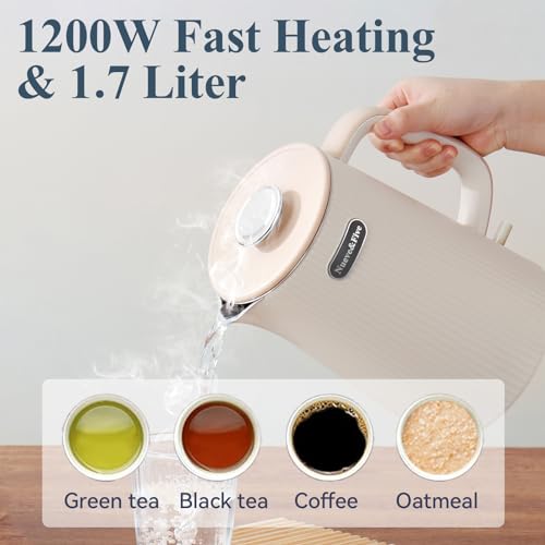 Nueve&Five 1.7L (57oz) Large Electric Kettle Perfect for 7+Cups of Tea and Coffee,2 quarts Double Wall Big Electric Tea Kettle,Auto Shut Off,1200W Hot Water Kettle Electric -Cream White