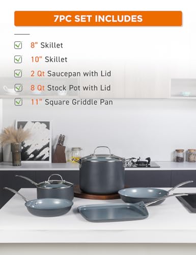 Commercial CHEF 7-Piece ECOPAN Hard Anodized Aluminum Cookware Set, Ceramic Non-Stick Non-Toxic Pots and Pans Set with Lids, Induction Kitchen Cooking Set, Oven & Dishwasher Safe, PFOA & PTFE Free