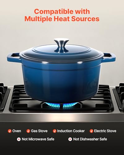 VEVOR Enameled Cast Iron Dutch Oven, 6 Quart Pot with Lid and Dual Handles, Heavy-Duty Durable Cookware Pan, Oven Induction Compatible up to 500℉, for Braising, Stews, Roasting, Bread Baking, Blue