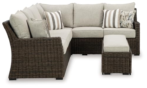 Signature Design by Ashley Brook Ranch Outdoor Sectional, All‑Weather Resin Wicker Patio Furniture With High‑Performance Cushions, Durable Aluminum Frame, Neutral