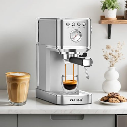 CHULUX Slim Espresso Machine with Milk Frother, 20 Bar Professional Italian Pump Espresso Coffee Machine for Home Cappuccino & Latte Maker, Stainless Steel, Silver