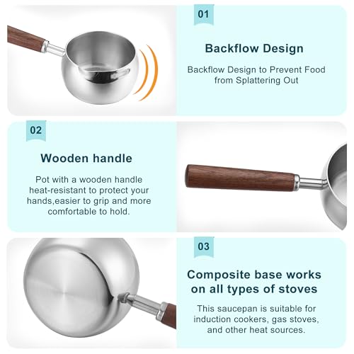Mornajina 500ML 17oz Stainless Steel Milk Butter Warmer Pot, Mini Sauce Pot with Wooden Handle, Heating Milk, Melting Butter, Warming Sauces