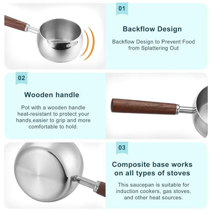 Mornajina 500ML 17oz Stainless Steel Milk Butter Warmer Pot, Mini Sauce Pot with Wooden Handle, Heating Milk, Melting Butter, Warming Sauces