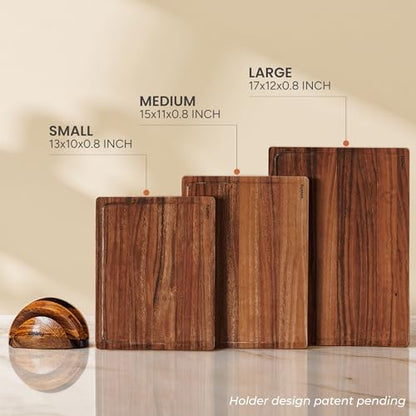 SMIRLY Walnut Cutting Board for Kitchen - Wood Cutting Boards with Handle and Juice Groove for Meal Prep, Serving, Charcuterie - Kitchen Gadgets - Non Toxic Wooden Chopping Board Set of 3 with Holder