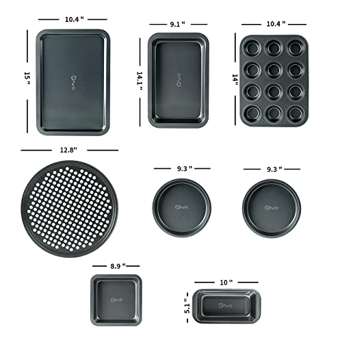 PERLLI Non-Stick 8-Piece Bakeware Set – Carbon Steel with Even Heat Distribution, Oven Safe to 446°F, BPA-Free, Dishwasher Safe, Stackable Baking Tools for Easy Storage and Everyday Cooking - Gray