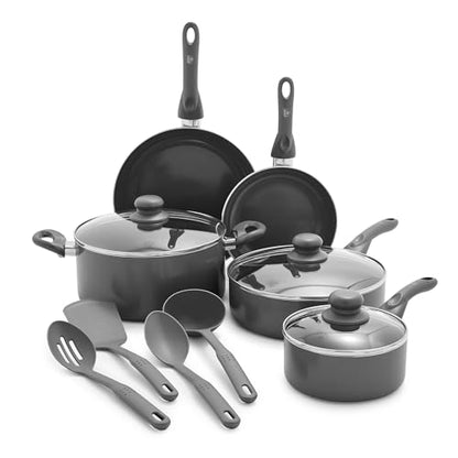 GreenLife Essentials 12 Piece Cookware Set, PFAS-Free Ceramic Nonstick Pots & Pans, Induction Ready for All Cooktops, Kitchen Cooking & Serving Utensils, Dishwasher Safe, Charcoal Gray