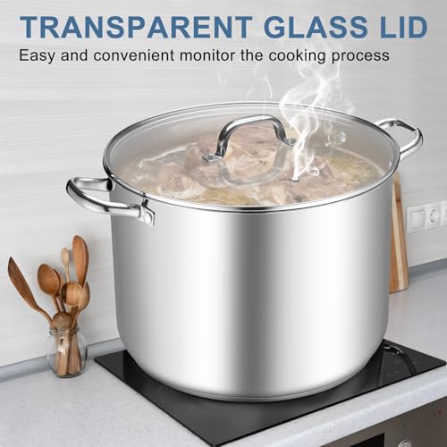 TeamFar Stainless Steel Stock Pot, 24QT Large Stockpot Tri-ply Bottom Cooking Soup Pot with Glass Lid, for Induction Gas Glass Stovetops, Non Toxic & Heavy Duty, Large Size & Easy Clean