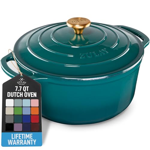 Zulay Kitchen 7.7 Quart Enameled Cast Iron Dutch Oven Pot with Lid – Premium Durability & Oven Safe up to 500°F – Heavy Duty Cookware Perfect for Bread Baking, Stews, Braising & Roasting – Emerald