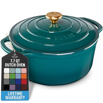 Zulay Kitchen 7.7 Quart Enameled Cast Iron Dutch Oven Pot with Lid – Premium Durability & Oven Safe up to 500°F – Heavy Duty Cookware Perfect for Bread Baking, Stews, Braising & Roasting – Emerald