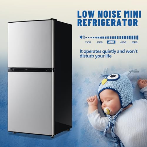 DEMULLER 3.88 CU.FT Capacity Refrigerator with Freezer Double Door Mini Fridge Small Refrigerator with 7 Adjustable Temp Control & 3 Glass Shelves for Kitchen Office Dorm Silver