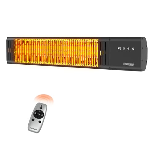 Powerscale 1500W Electric Patio Heater, IP65 Waterproof, Remote, Fast Heating, 4 Heat Levels, 24H Timer & Memory Function, Wall Mounted Indoor/Outdoor Heater for Patio, Garage, Backyard, Black