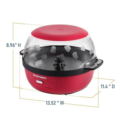 West Bend Stir Crazy Hot Oil Popcorn Popper, Popcorn Maker Machine with Large Serving Bowl Lid and Stirring Rod, 6-Qt., Red