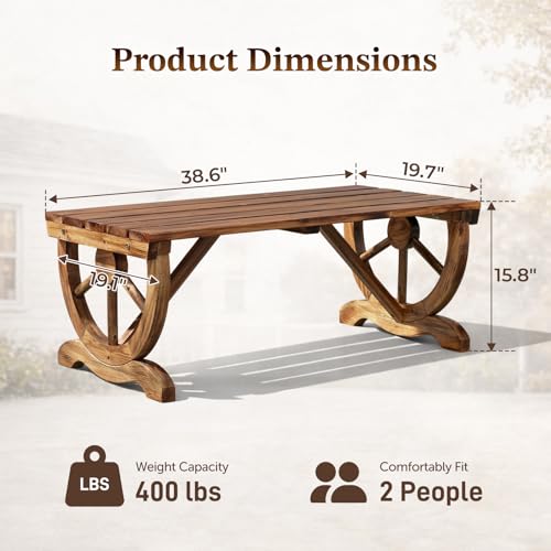 Outvita 39'' Outdoor Wooden Bench, 2-Person Rustic Wagon Wheel Bench with Slatted Seat and Carbonized Fir Wood Construction, Weather-Resistant Garden Bench for Patio, Porch and Backyard(Light Brown)