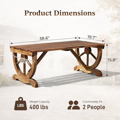 Outvita 39'' Outdoor Wooden Bench, 2-Person Rustic Wagon Wheel Bench with Slatted Seat and Carbonized Fir Wood Construction, Weather-Resistant Garden Bench for Patio, Porch and Backyard(Light Brown)