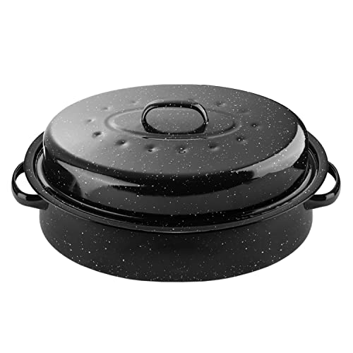 DIMESHY 16Inch Roasting Pan, Enamel on Steel, Black Covered Oval Roaster Pan with Lid, Medium Cookware for Turkey, Small Chicken, Roast Baking Pan.