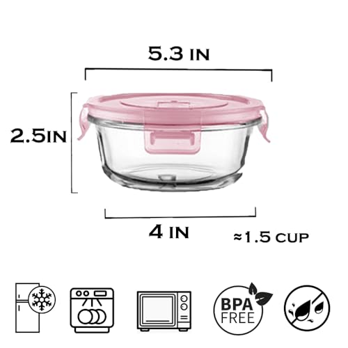 B.GUBOBOYA 12OZ Round Glass Food Storage Containers With Lids, 1.5 Cup Round Meal Prep Containers with Lid BPA-Free, Small Glass Food Bowl for Soup Leftover, Microwave, Dishwasher, Freezer Safe-4 Pack