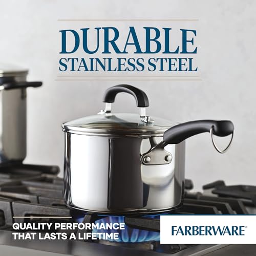 Farberware Brilliance Stainless Steel Saucepan/Saucepot with Glass Lid, 3 Quart, Dishwasher Safe and Induction Ready, Compatible with All Cooktops, Stainless Steel Kitchenware