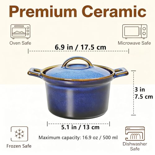 dingdaer Mini Cocotte Set, Small Casserole Dishes with Lids & Handle, 16.9 OZ Ceramic Mini Dutch Oven Set of 2, Individual Baking Ramekins for Lasagna, Soufflé, Soup Tureen, Oven, Microwave Safe, Blue