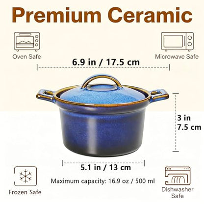 dingdaer Mini Cocotte Set, Small Casserole Dishes with Lids & Handle, 16.9 OZ Ceramic Mini Dutch Oven Set of 2, Individual Baking Ramekins for Lasagna, Soufflé, Soup Tureen, Oven, Microwave Safe, Blue
