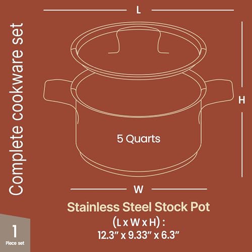 Stainless Steel Stockpot with Lid 5 Quart, Durable 18/8 Stainless Steel, Impact-Bonded Base for Even Heating, Riveted Handles, Oven & All Stove Compatible, Safe Up To 500°F (260°C)