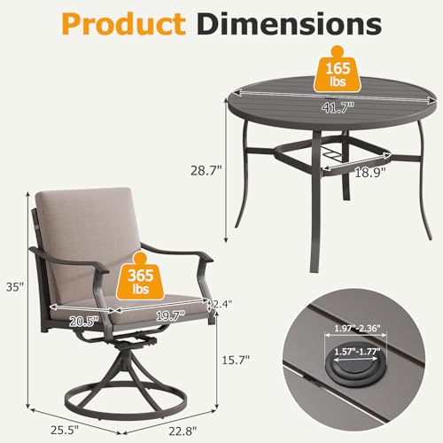 EROMMY 5-Piece Outdoor Patio Dining Set, 4 Swivel Chairs with Removable Cushions & Round Metal Table with Umbrella Hole, All-Weather Furniture for Backyard, Garden and Deck