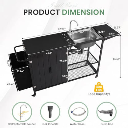 LVUYOYO Outdoor Grill Table with Stainless Steel Sink, Grill Cart Station with Cabinet, Metal Kitchen & Island Rolling BBQ Table for Garden, Patio, Backyard