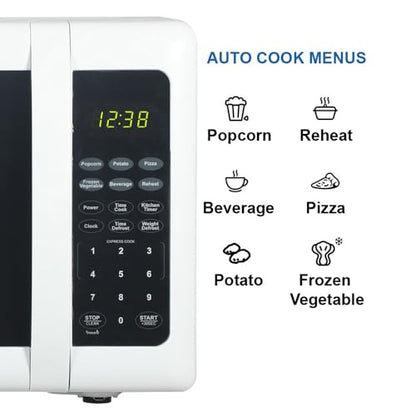 Emerson MW7302W Compact Countertop Microwave Oven with Touch Control, LED Display, 700W, 10 Power Levels, 6 Auto Menus, Glass Turntable and Child Safe Lock, 0.7 Cu., Ft. White