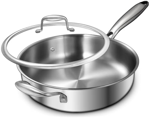 EWFEN 12 Inch Tri-Ply Stainless Steel Frying Pan, Compatible with All Cooktops Up to 600℉, Large Frying Pan with lids, Induction-Ready Skillet, Dishwasher and Oven Safe, Even Heat, 12" Pan+Handle+Lid